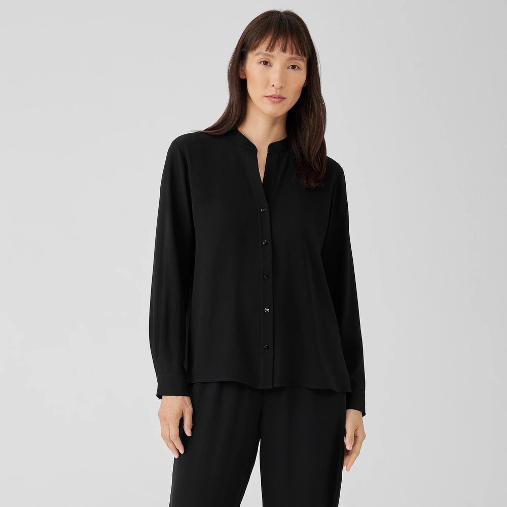 Eileen Fisher Black Silk Georgette Crepe Shirred Back Shirt Blouse Medium
